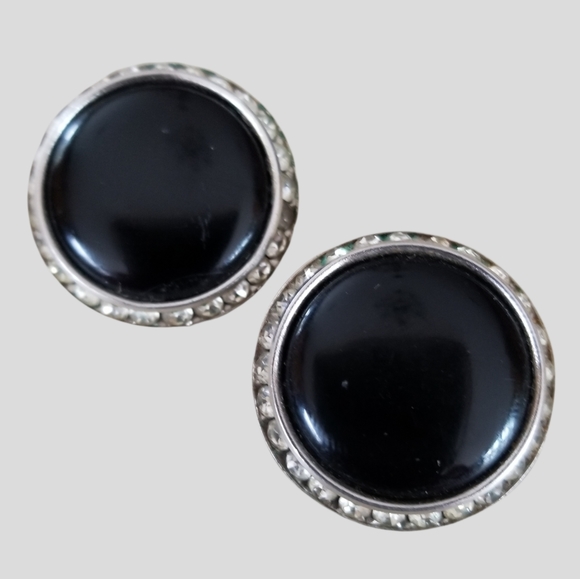 Vintage Signed Lisner Black Lucite Rhinestone Silver Tone Clip Earrings - Picture 12 of 12